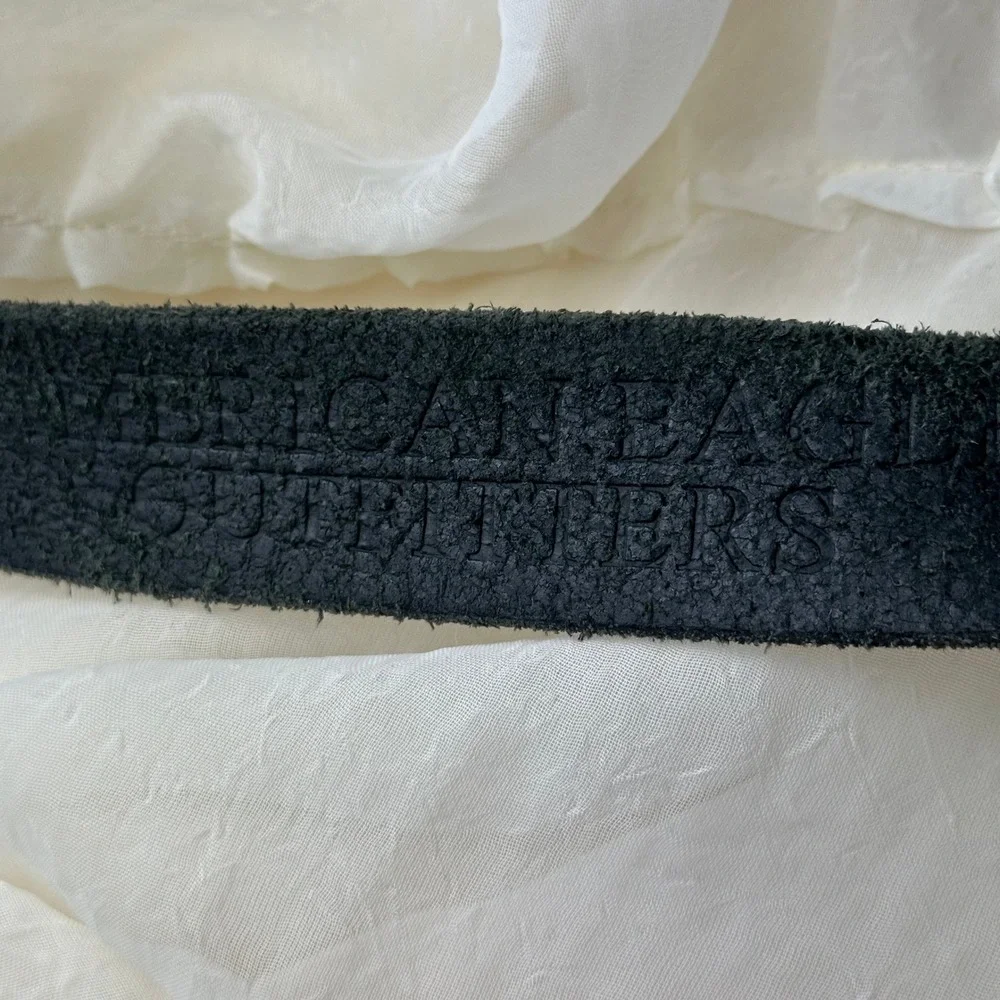American‎ Eagle Belt Mens 35 Black Leather Buckle VTG Rugged Eagle Logo Y2K